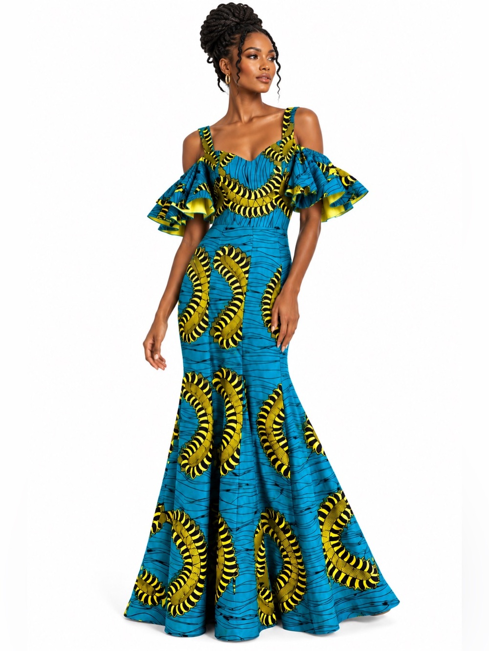 Danik Concepts Turquoise Yellow Off Shoulder Cotton Maxi Dress – Size Small EUC
